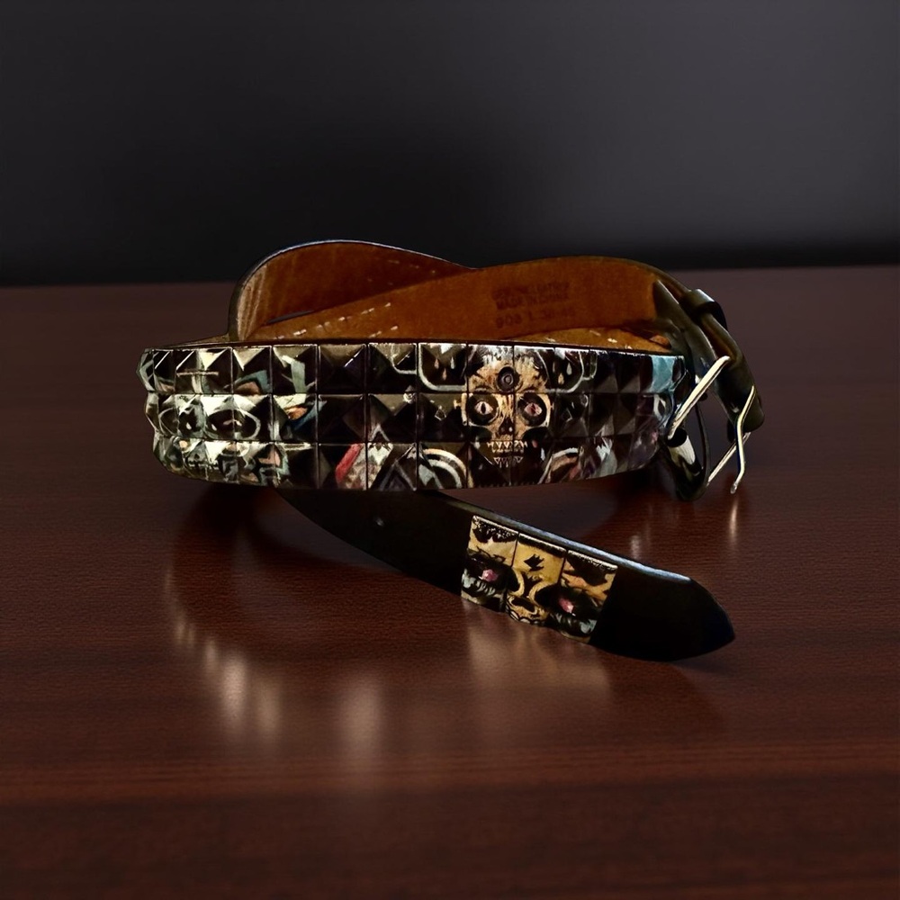 Edgy Skull Leather Belt Black Blue Yellow Streetwear Unisex Size 38-40 Statement - Picture 2 of 4